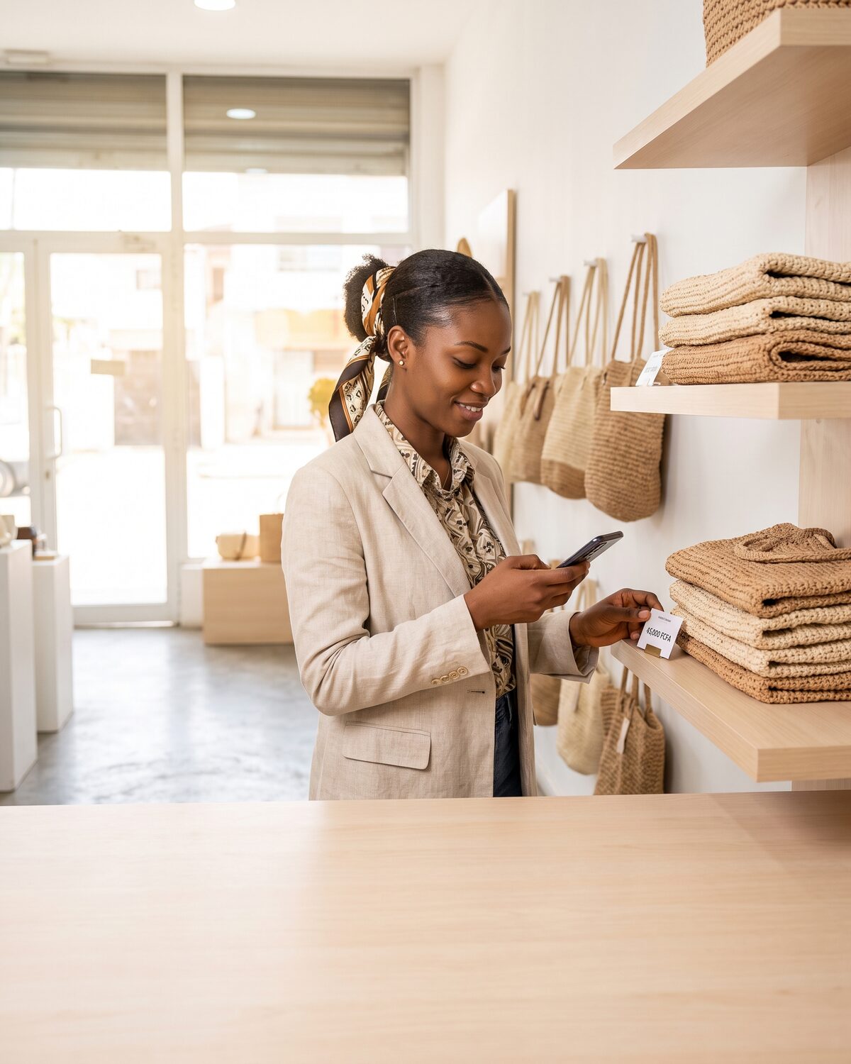 Une commerçante répond à une cliente depuis son téléphone, devant ses sacs en raphia.