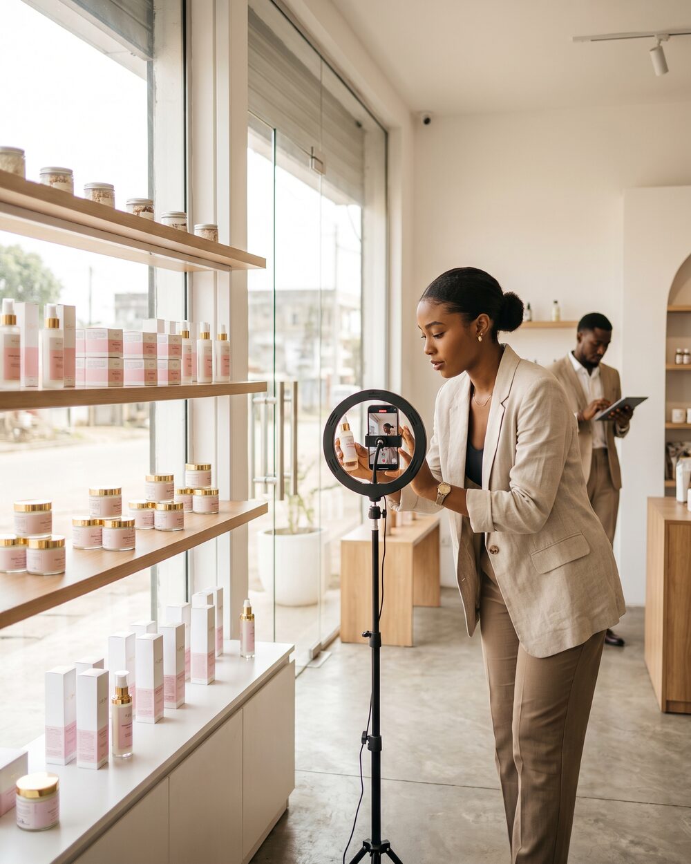 Une boutique de cosmétiques à Douala : une présentation filmée au téléphone.
