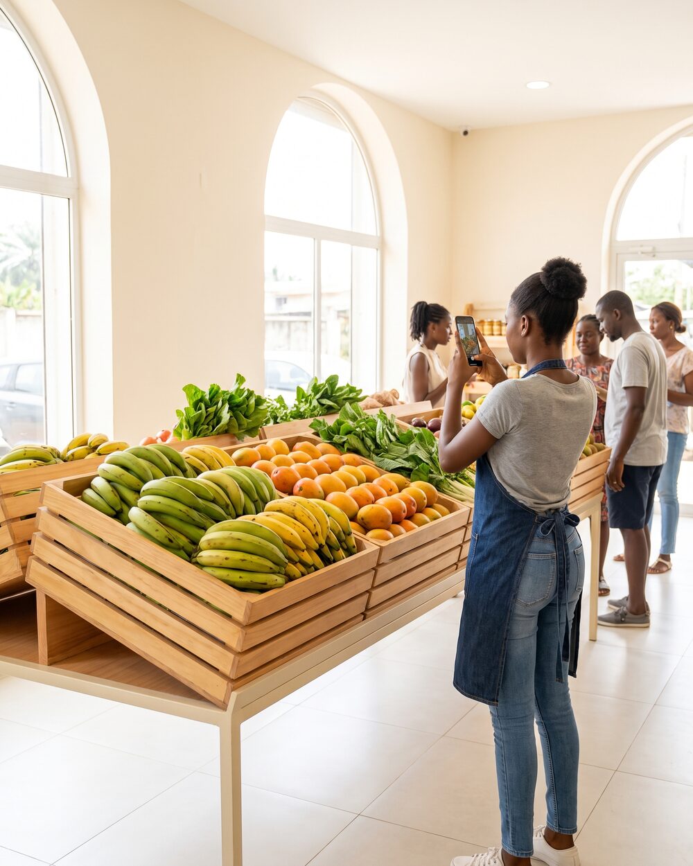 Un étal de produits frais à Libreville, photographié au téléphone.