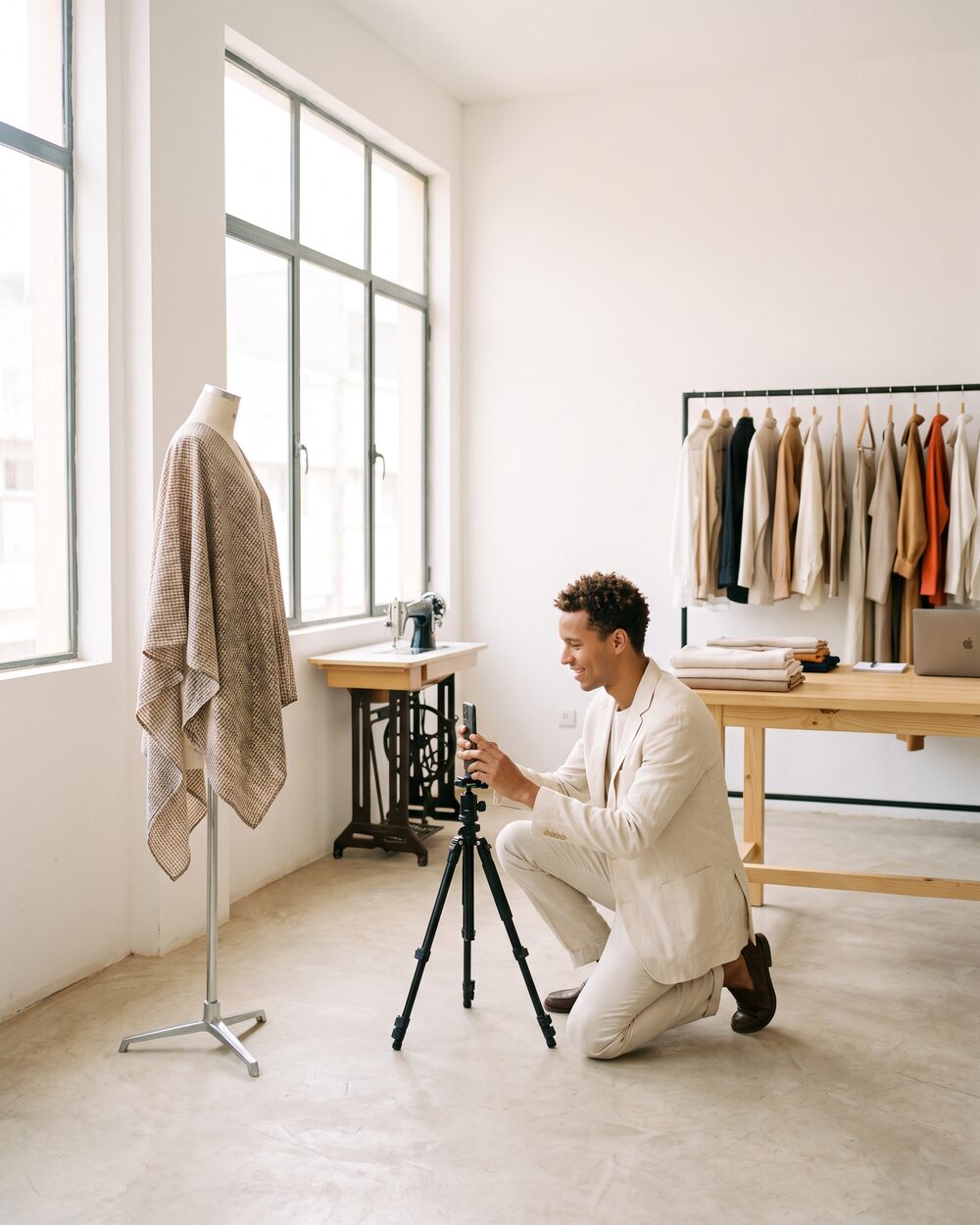Un atelier de mode à Dakar : un vêtement photographié au téléphone.