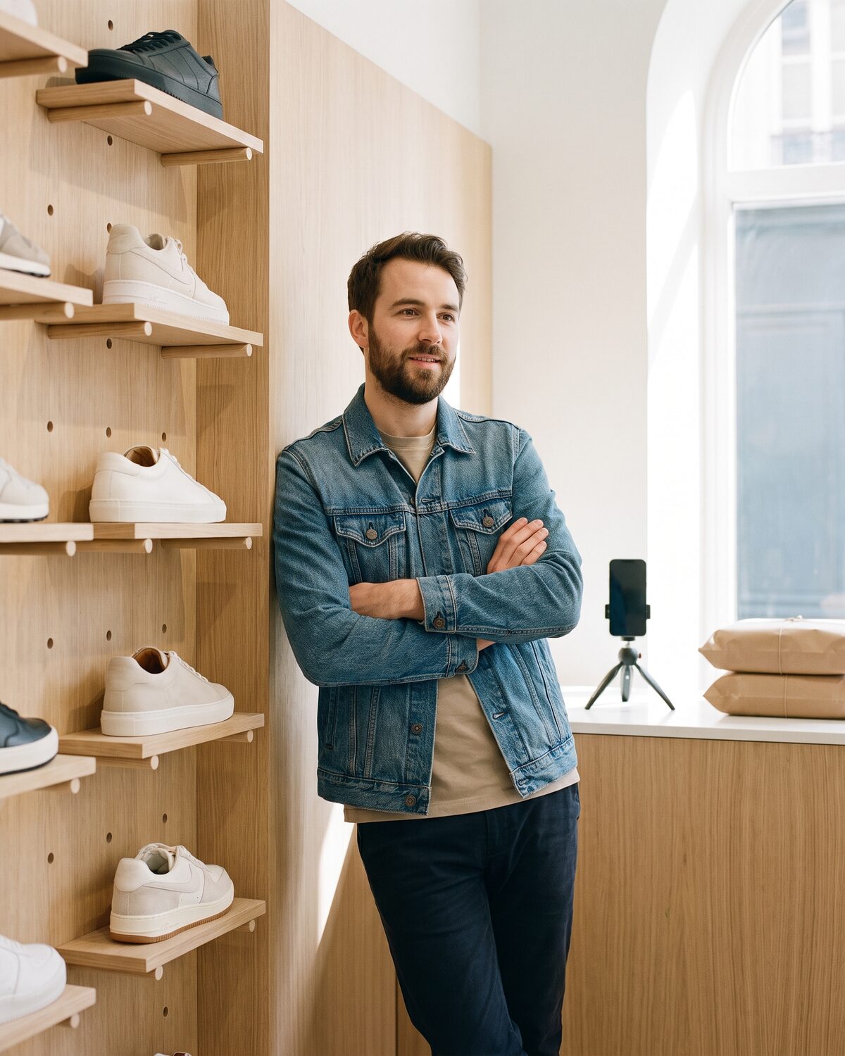 Un commerçant dans sa boutique de baskets à Paris.